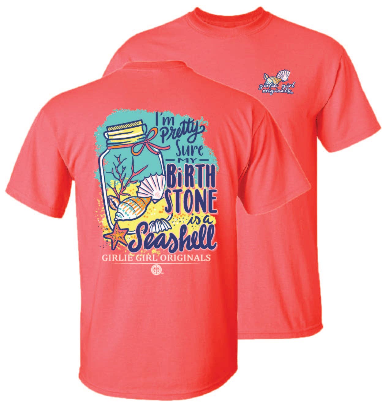 Coral t-shirt with a colorful graphic and text on the front and back.