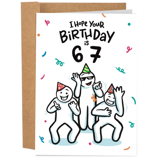 Birthday card with cartoon characters and humorous text on a white background