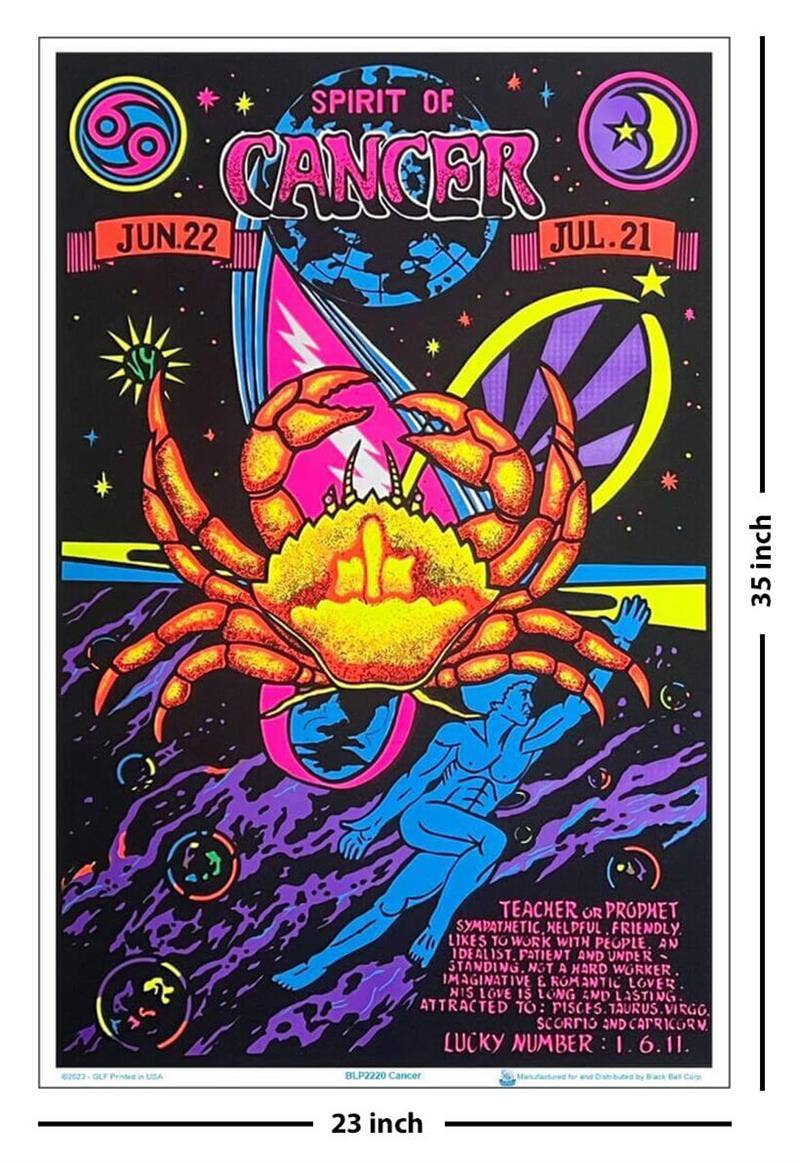Colorful 'Spirit of Cancer' zodiac poster with a crab illustration and celestial design.
