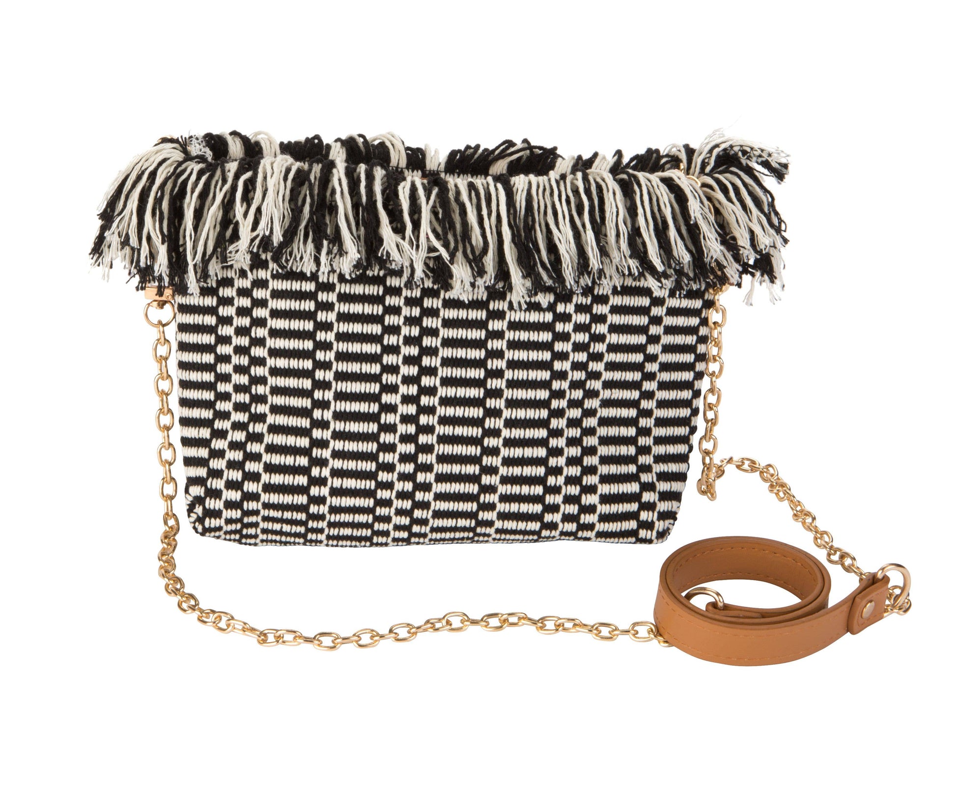 Black and white striped clutch with frayed edge and gold chain strap on a white background