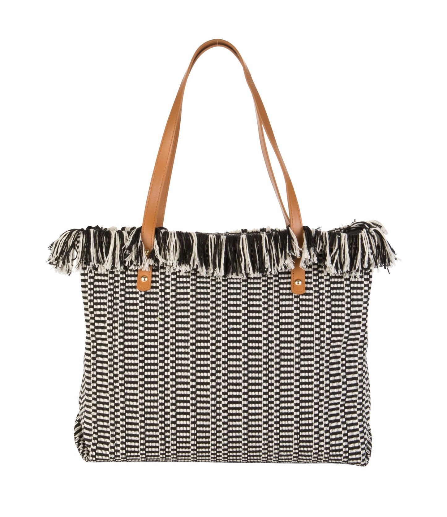 Black and white checkered tote bag with frayed edge and brown handles on a white background