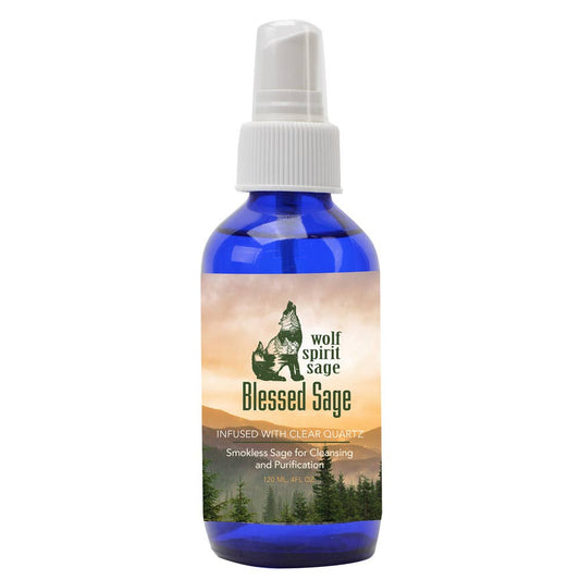 Bottle of Wolf Spirit Sage Blessed Sage spray with a scenic label on a white background