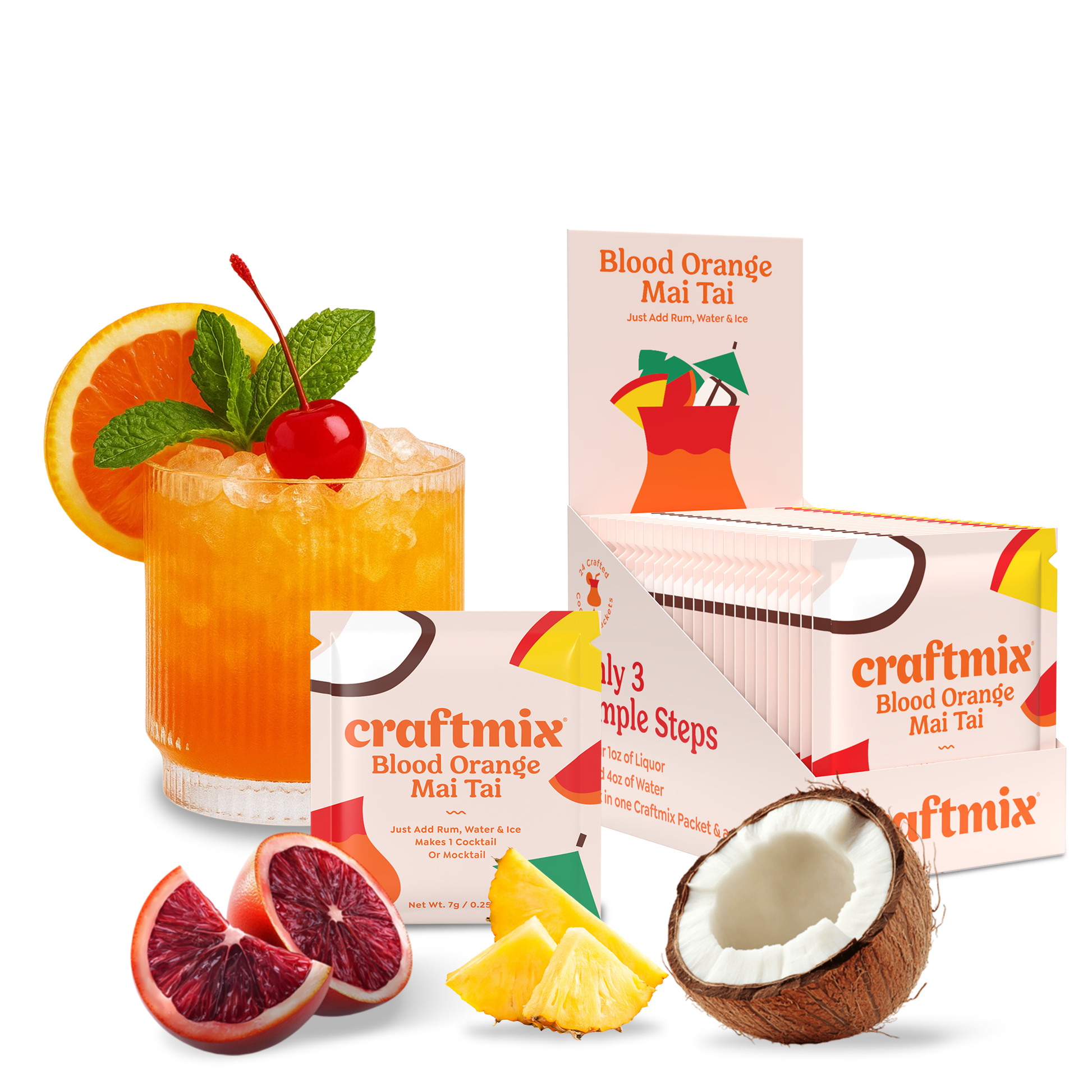 Craftmix Blood Orange Mai Tai mix with a cocktail, blood oranges, pineapple, and coconut on a white background