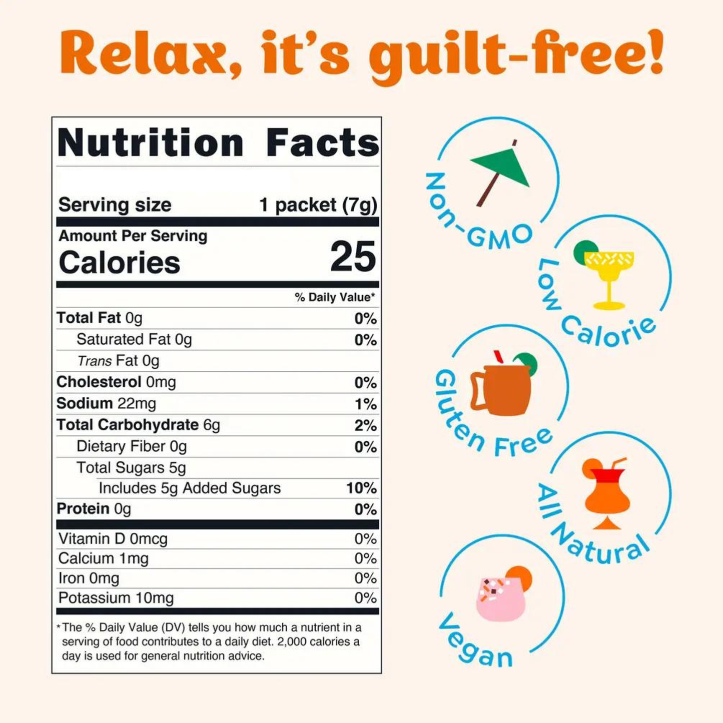 Nutrition facts label with health benefits icons on a white background