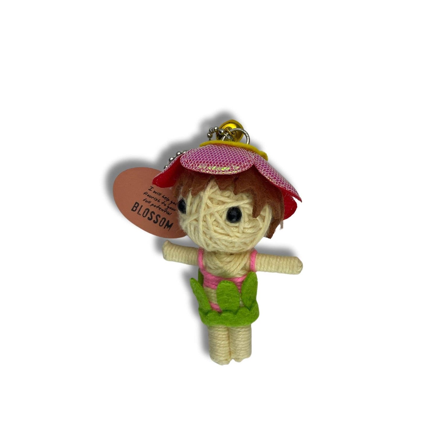 String doll keychain with a heart-shaped tag on a white background