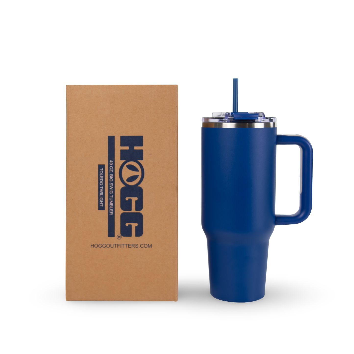 Blue mug with handle and straw next to a brown box with 'HOGG' branding on a white background