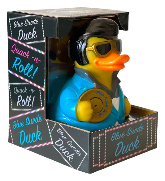 Blue Suede Duck toy with sunglasses and jacket in packaging
