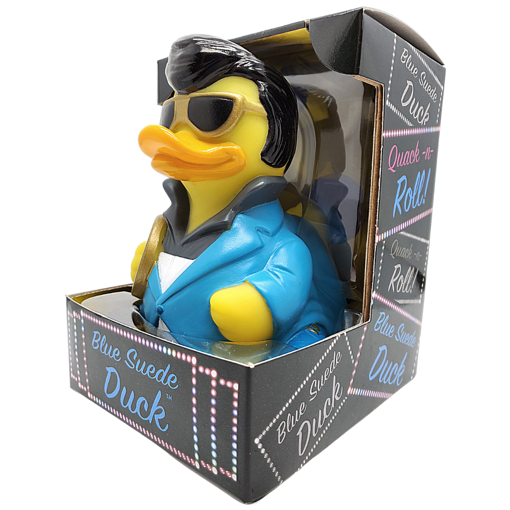Blue Suede Duck toy in packaging with sunglasses and bandana