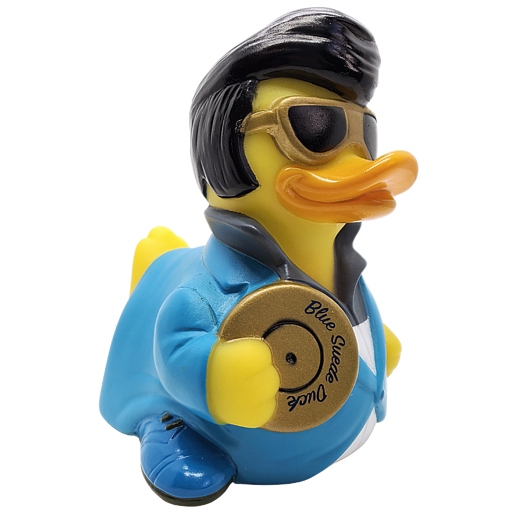 Toy duck with sunglasses and a blue jacket holding a record on a white background