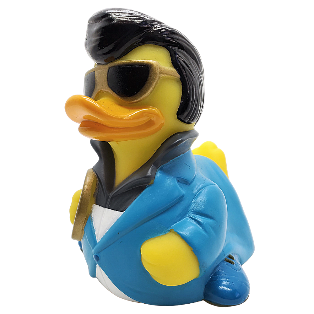 Toy duck wearing sunglasses, a blue jacket, and a black hat on a white background