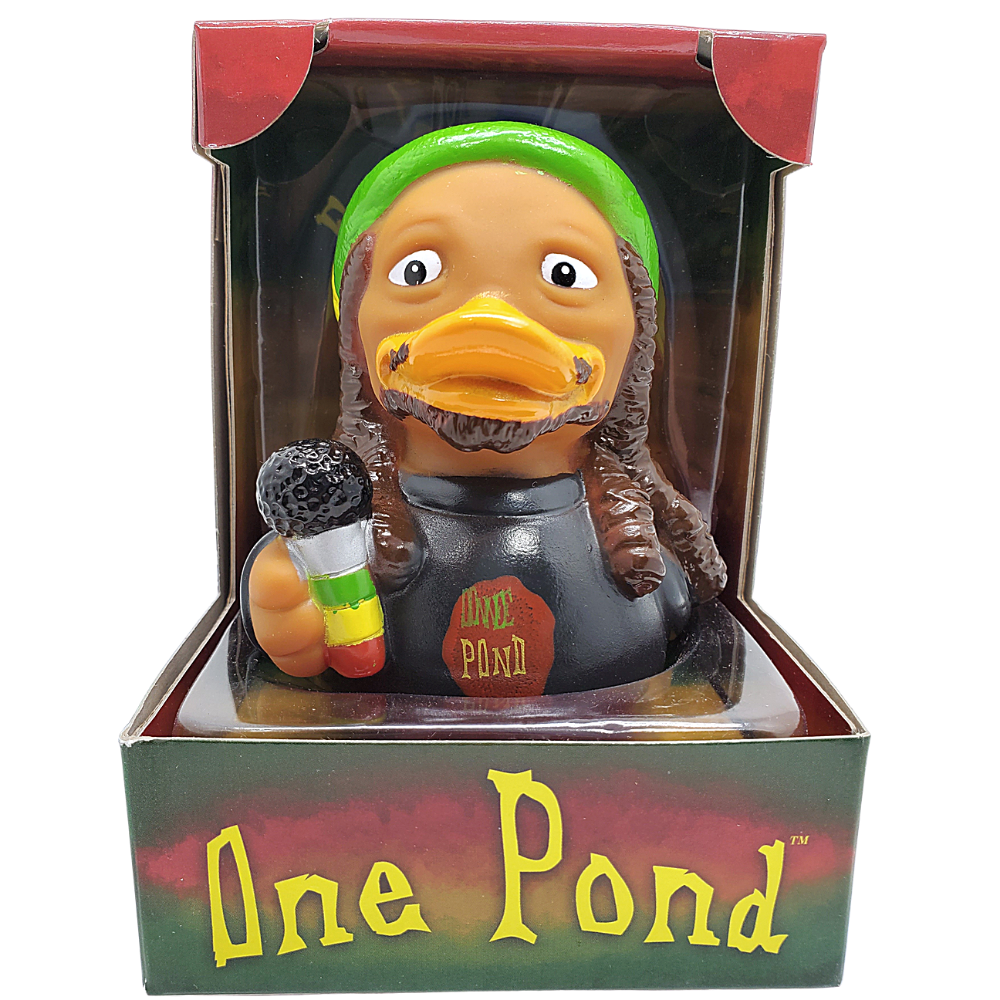 Duck figure with dreadlocks and a microphone in packaging with 'One Pond' branding