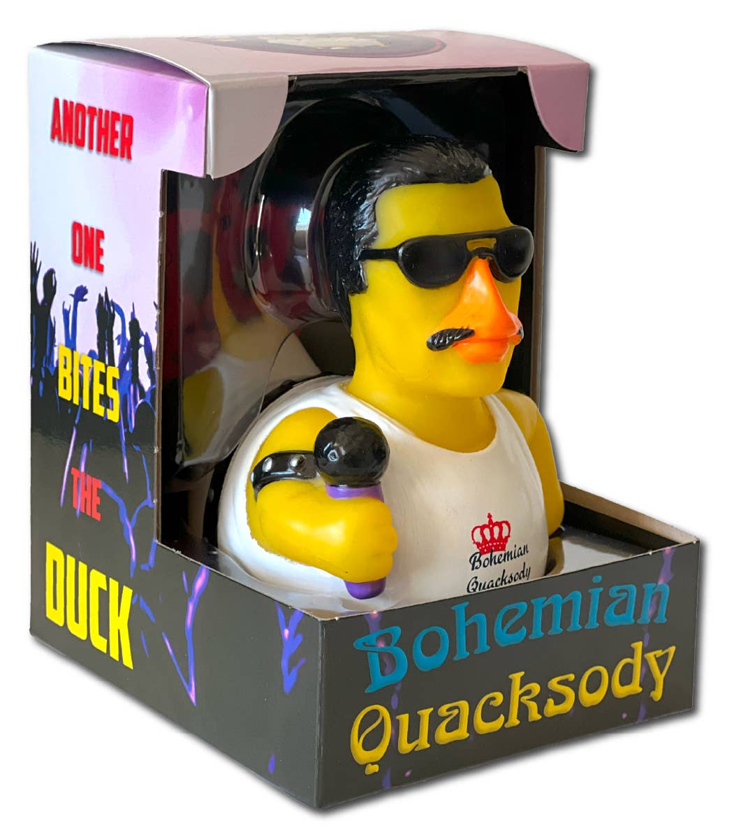 Rubber duck with sunglasses and headphones in packaging, featuring 'Bohemian Ouacksody' branding.