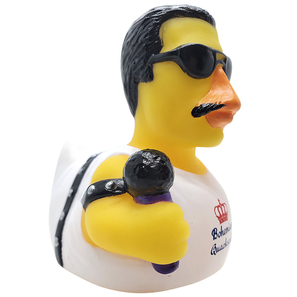 Rubber duck with a stylish haircut, sunglasses, and mustache on a white background