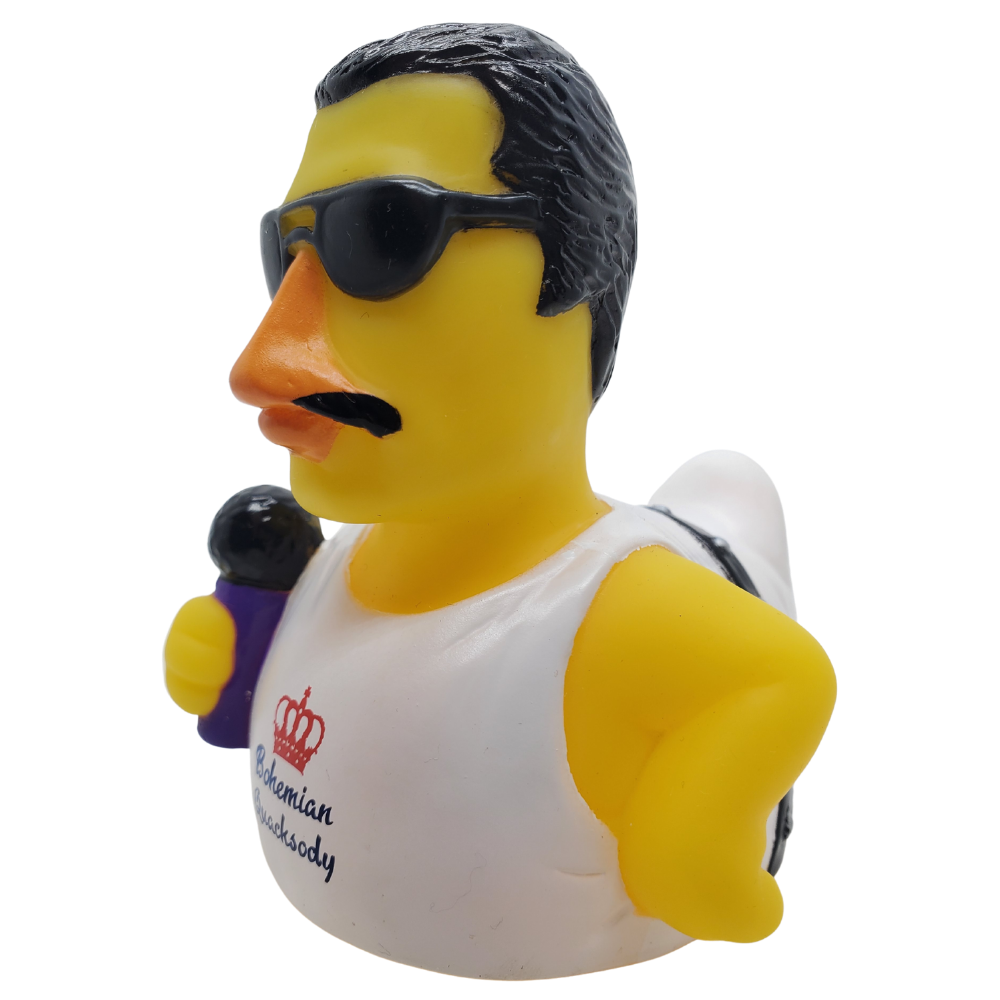Rubber duck with a person's face, wearing sunglasses and holding a microphone, on a white background.