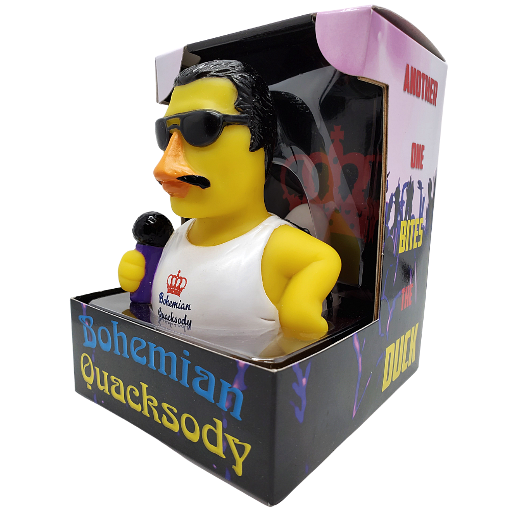 Rubber duck with sunglasses and mustache in a box labeled 'Bohemian Quacksody'.