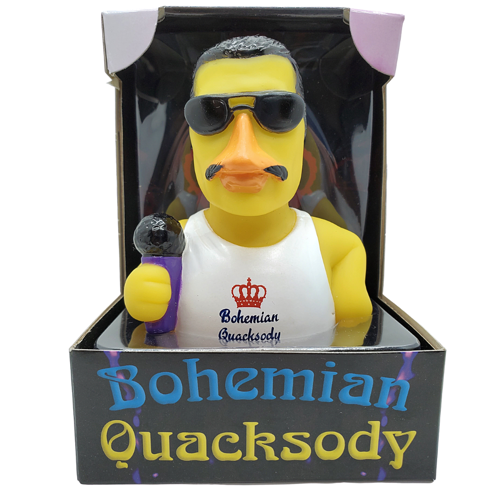 Rubber duck with sunglasses and a mustache in a box labeled 'Bohemian Quacksody'.