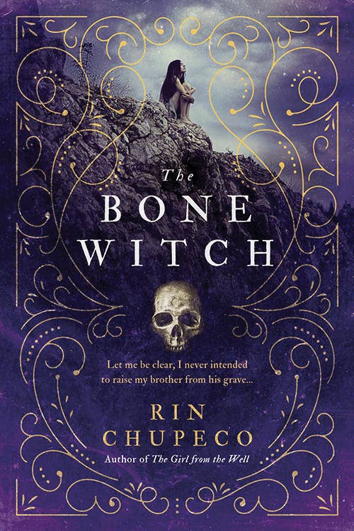 Book cover of 'The Bone Witch' with a purple background and decorative elements.