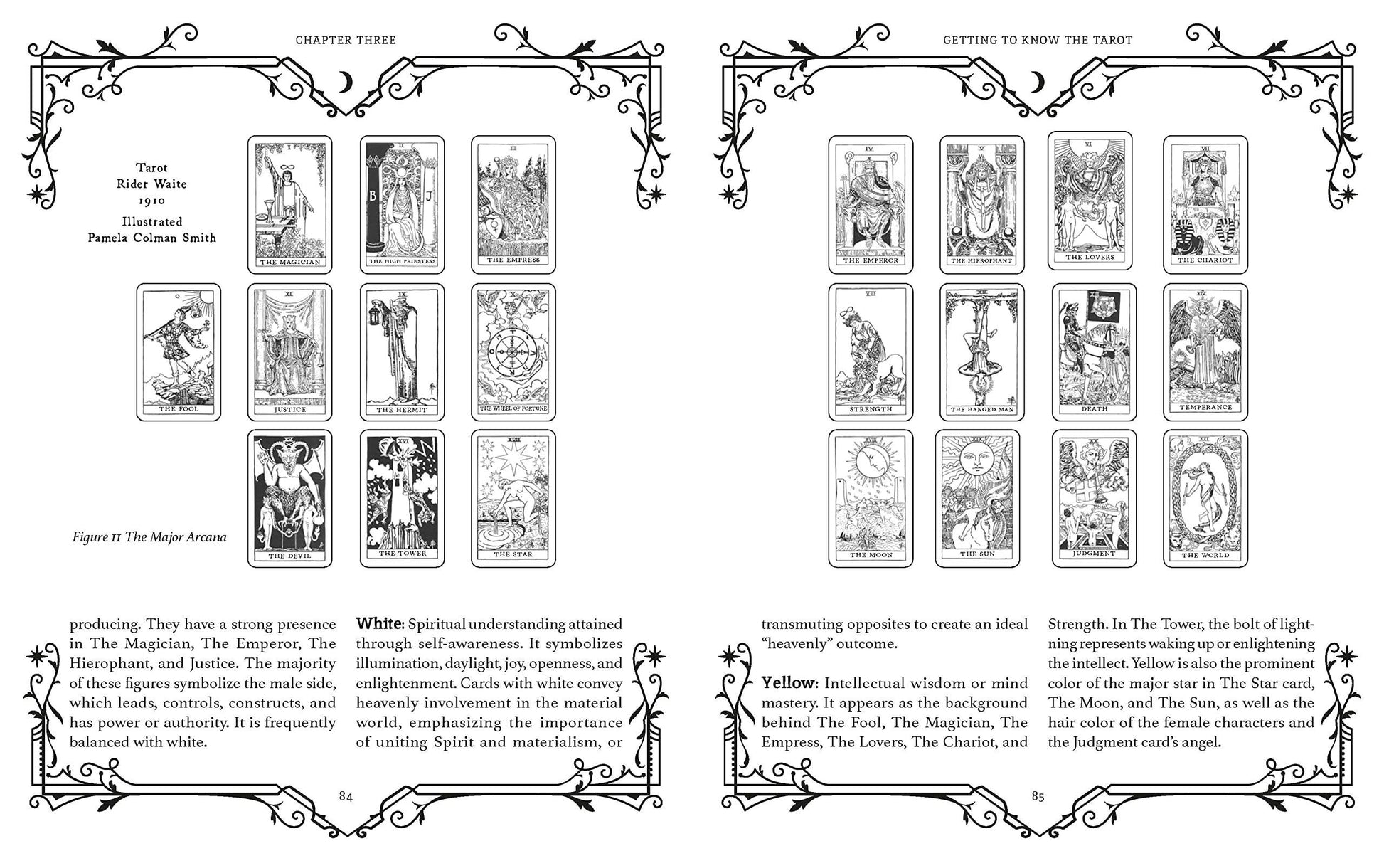 Black and white tarot card illustrations with decorative borders and text.