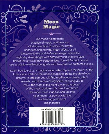 Back cover of a book titled 'Moon Magic' with text and decorative elements on a blue background.