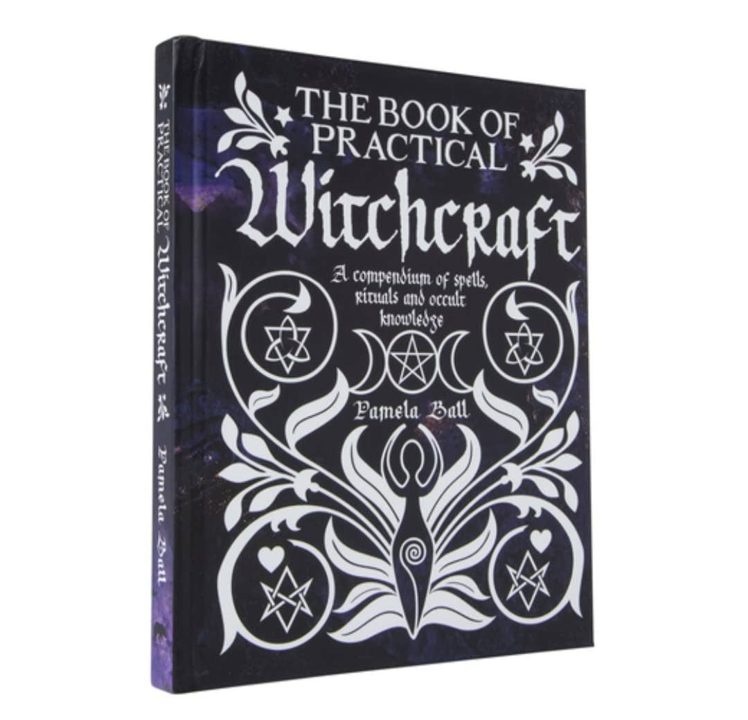 Book titled 'The Book of Practical Witchcraft' with decorative cover on a white background