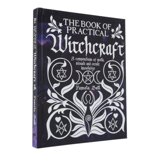 Book titled 'The Book of Practical Witchcraft' with decorative cover on a white background