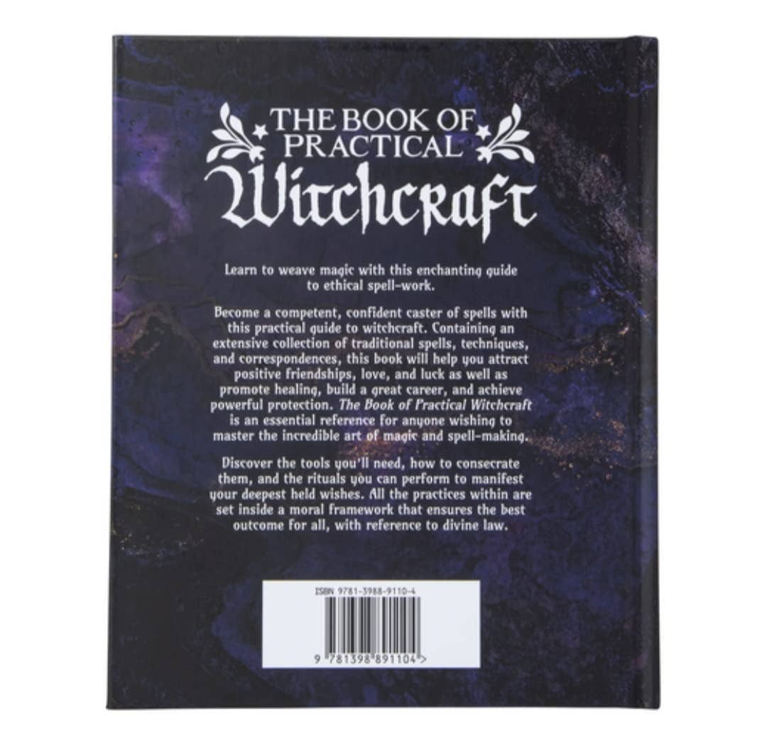 Back cover of 'The Book of Practical Witchcraft' with text and decorative elements.