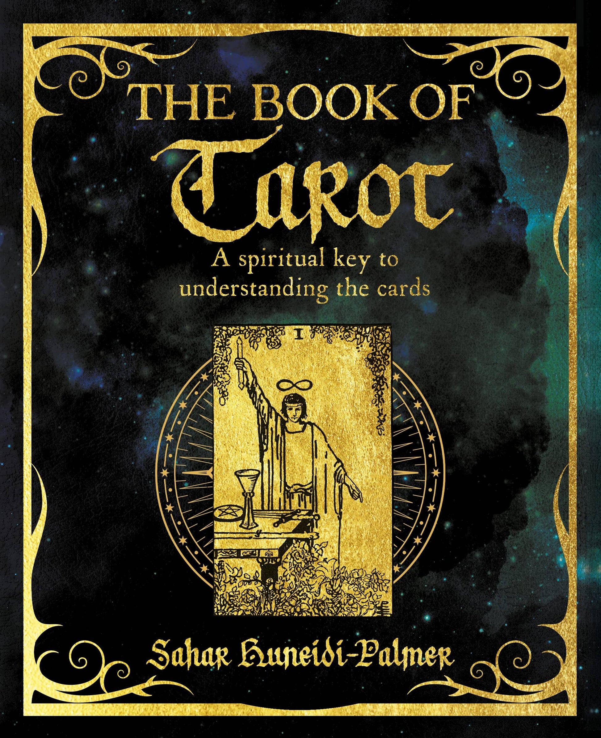 Book cover of 'The Book of Tarot' with gold text and tarot card illustration on a dark background