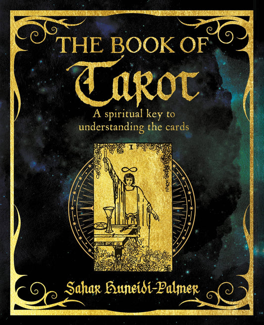Book cover of 'The Book of Tarot' with gold text and tarot card illustration on a dark background