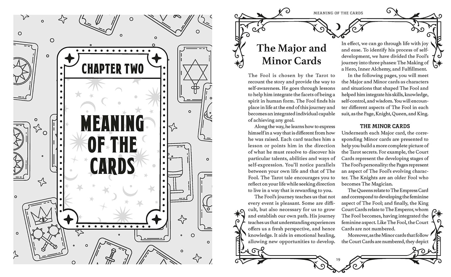 Page from a book or guide about tarot cards with text and card illustrations.