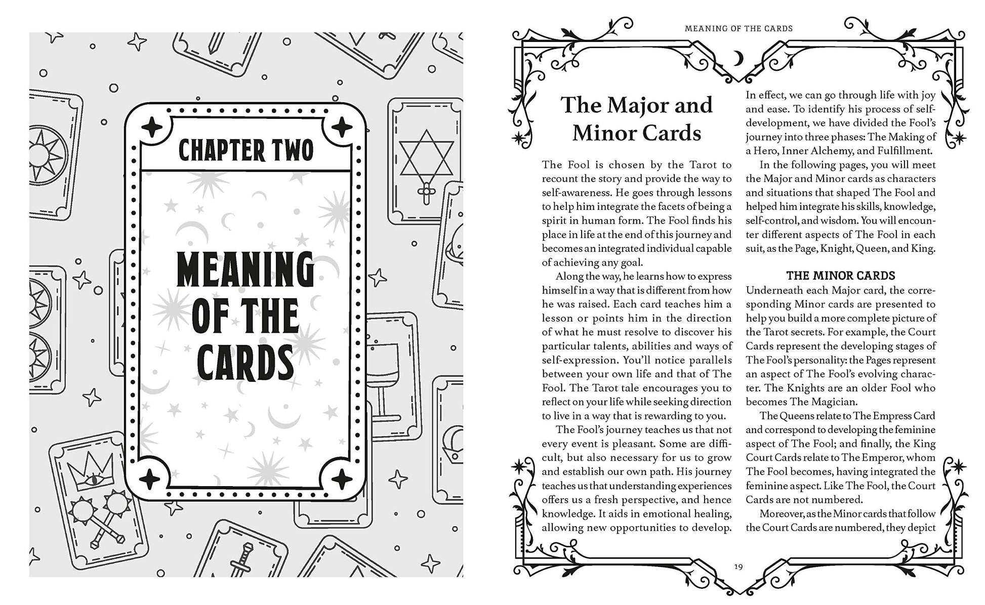 Page from a book or guide about tarot cards with text and card illustrations.