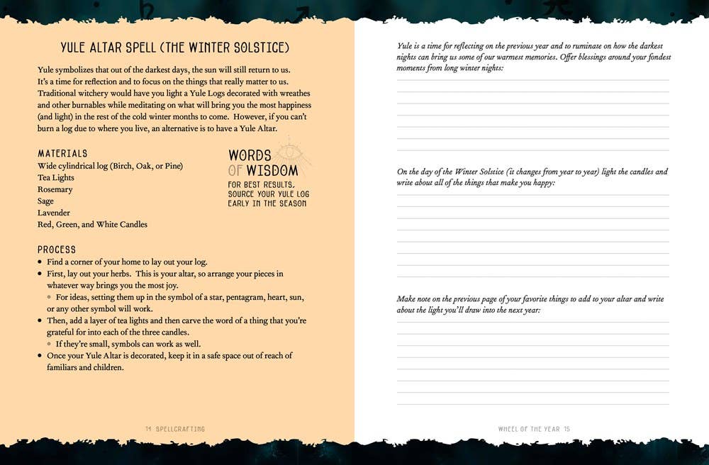 Wiccan spellbook page for Yule Altar with text and a blank page.