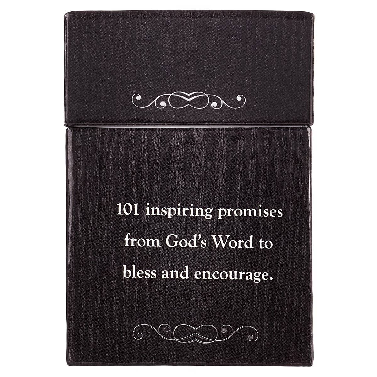Black book with text about '101 inspiring promises from God's Word' on a white background