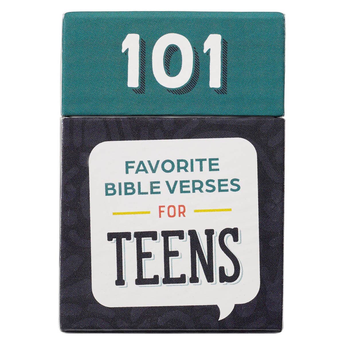Book titled '101 Favorite Bible Verses for Teens' with a teal and black design.