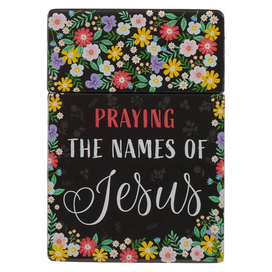Decorative card with floral design and text 'Praying the Names of Jesus' on a black background.