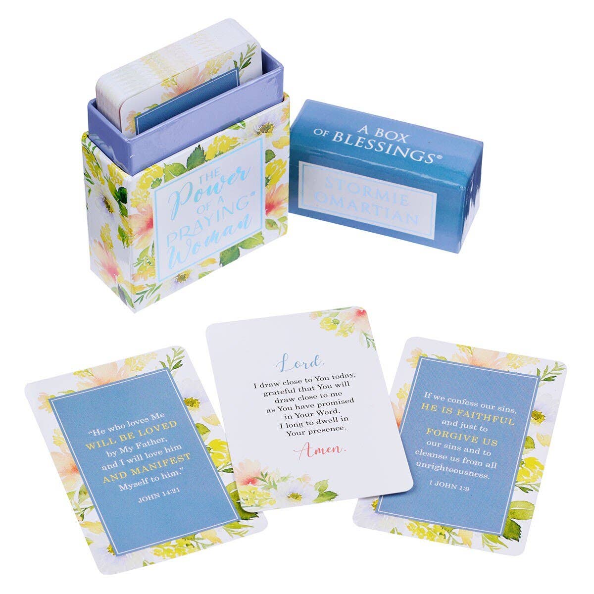 Box of Blessings cards with floral design and inspirational text on a white background