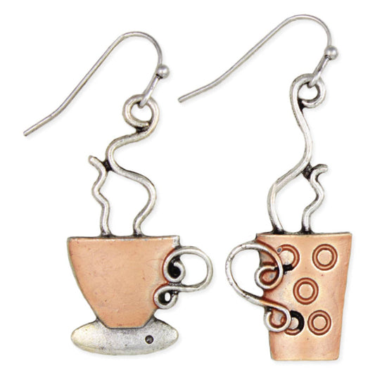 Coffe cup earrings with steam on a white background