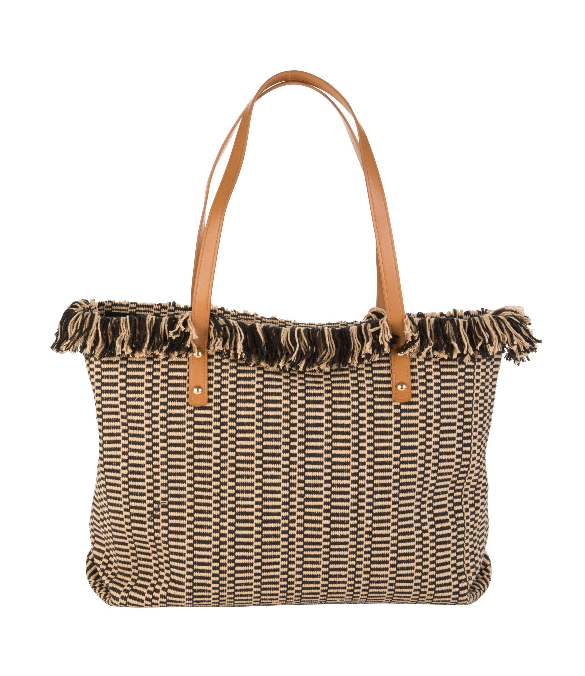 Woven handbag with frayed edge and brown handle on a white background