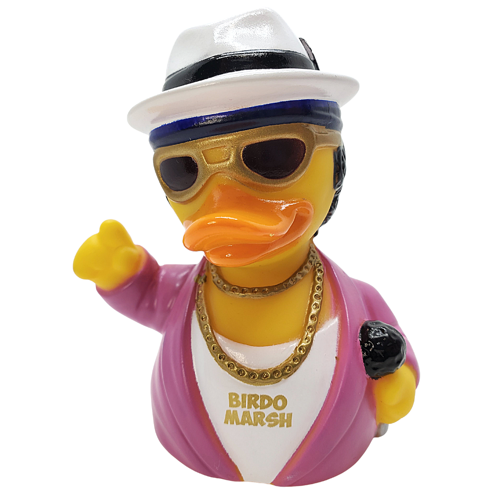Decorative duck figure wearing sunglasses, a hat, and a pink outfit with 'Birdo Marsh' text.