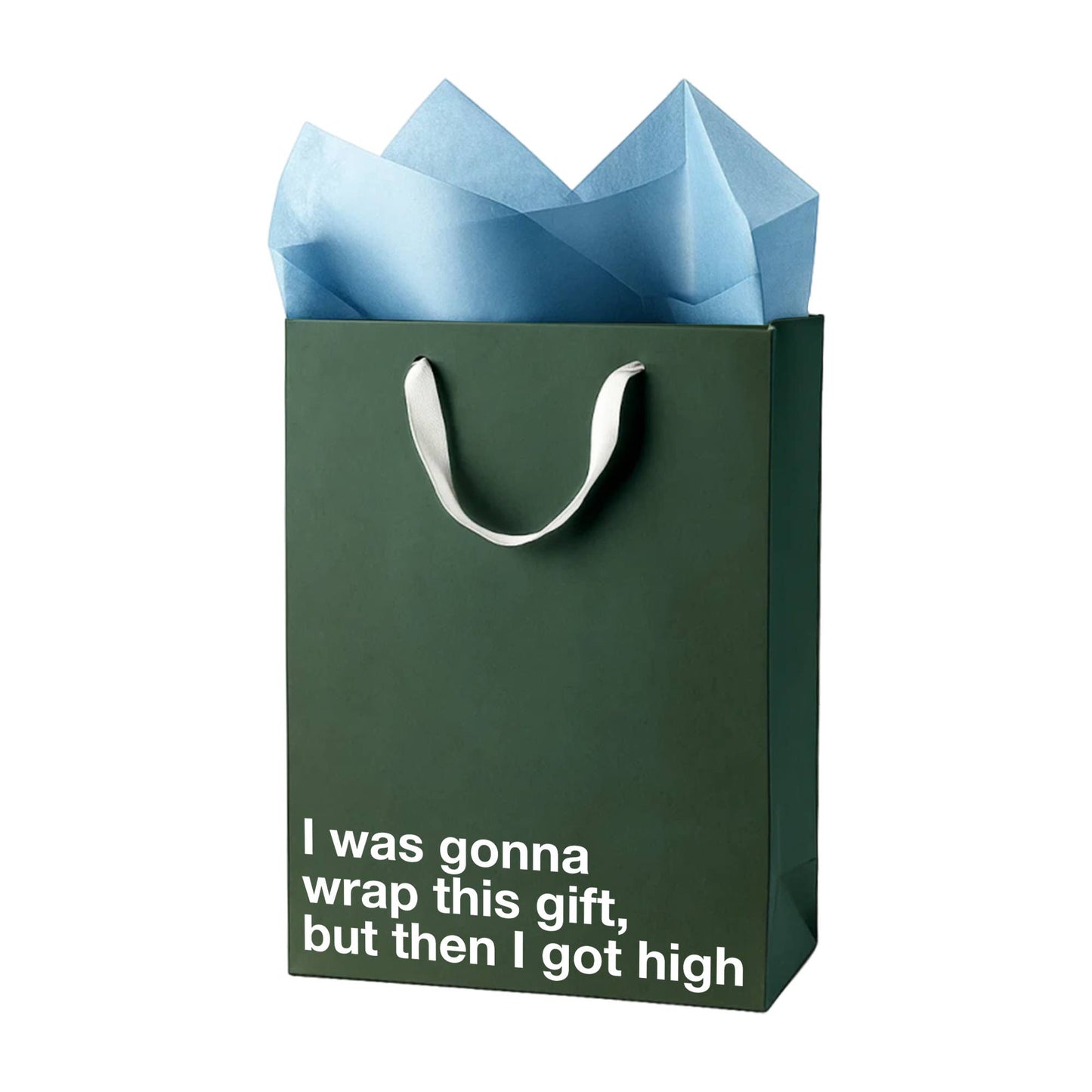 Green gift bag with blue tissue paper and humorous text on a white background