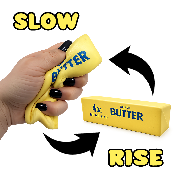 Hand holding a yellow stress reliever with 'Butter' text, transitioning to a bar of butter with 'Butter' text, on a white background.