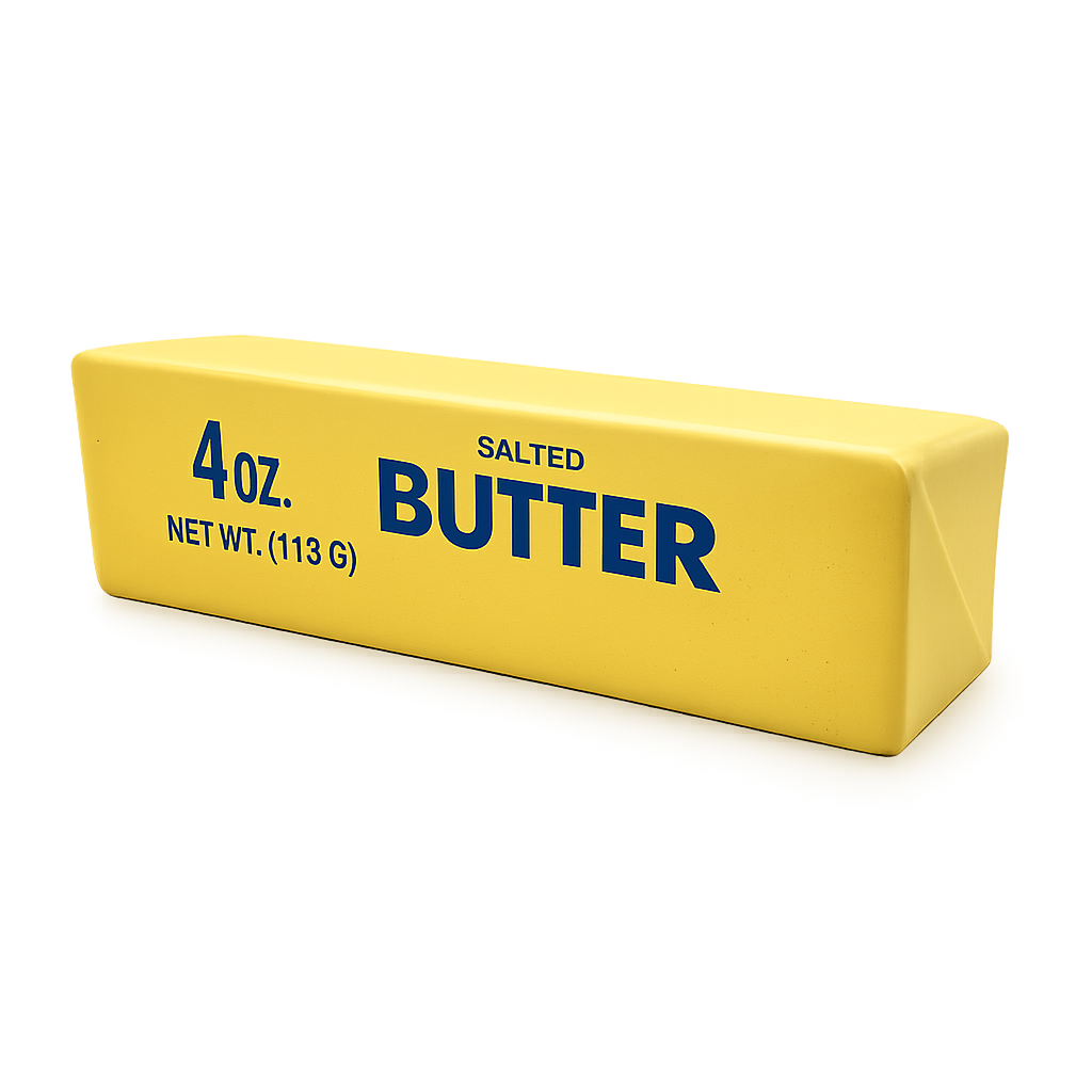 Yellow packaging of salted butter with blue text on a white background