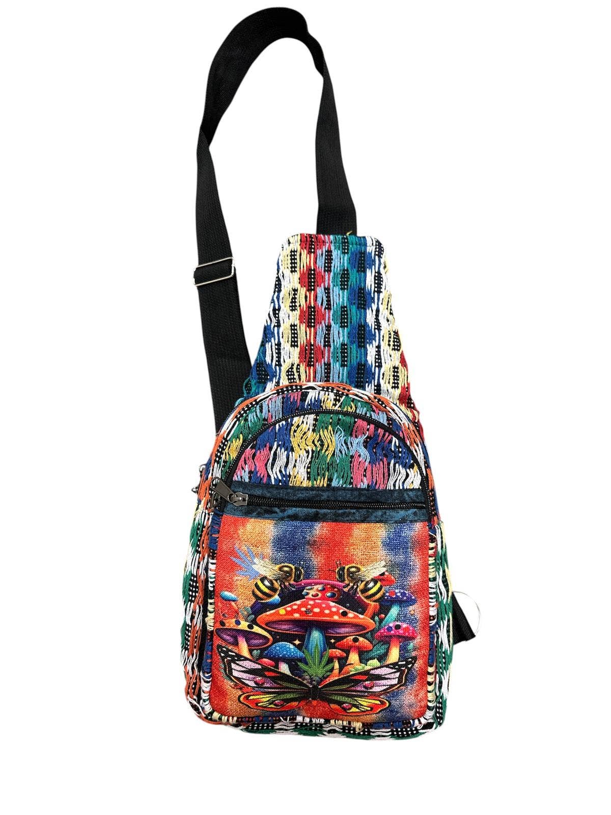 Colorful backpack with a vibrant design on a white background