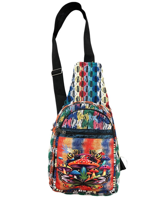 Colorful backpack with a vibrant design on a white background