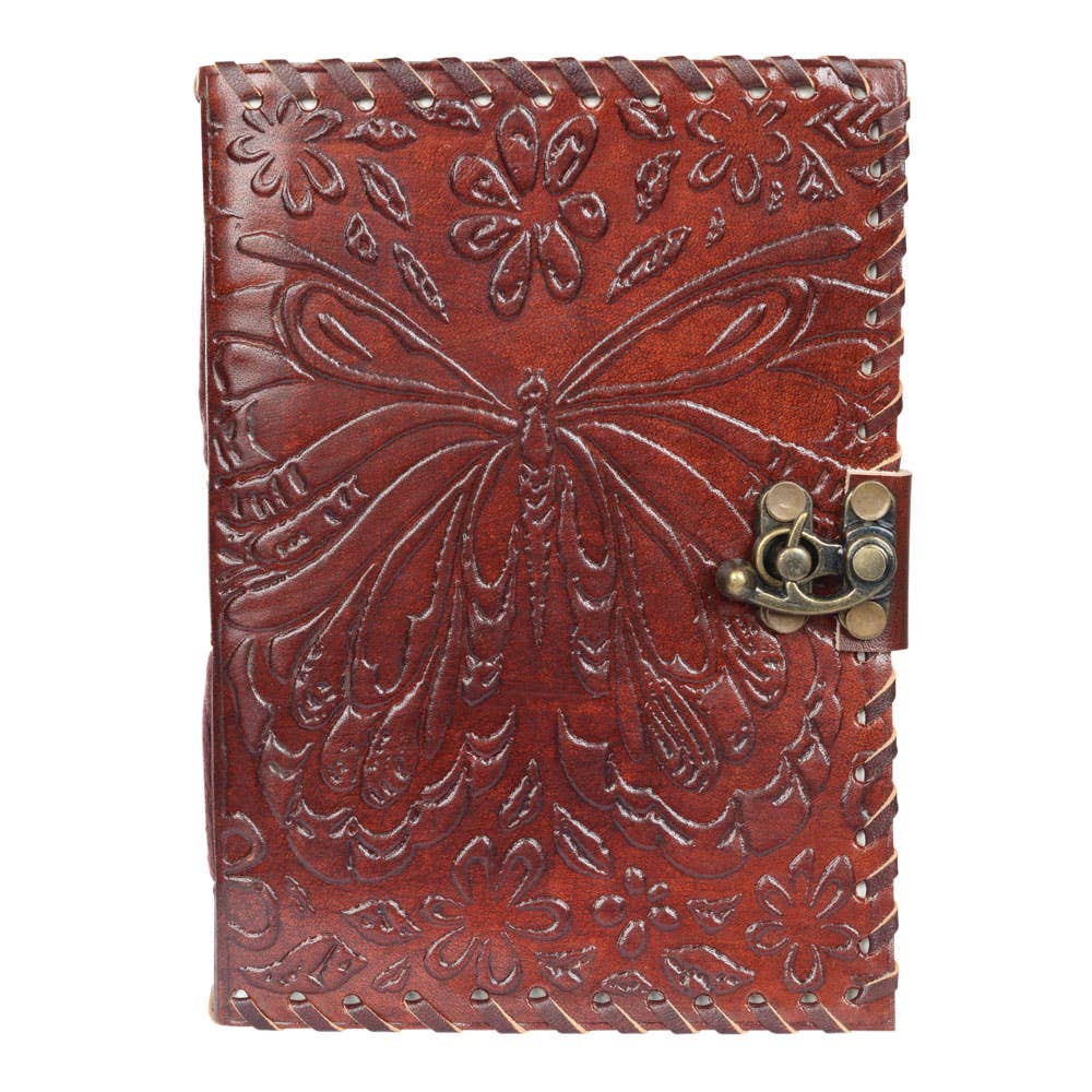 Brown leather journal with butterfly design and lock on a white background