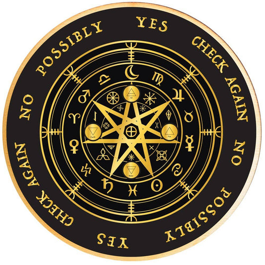 Black circular design with gold symbols and text on a white background