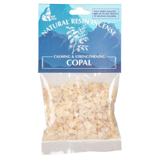 Package of natural resin copal incense with blue label on a white background