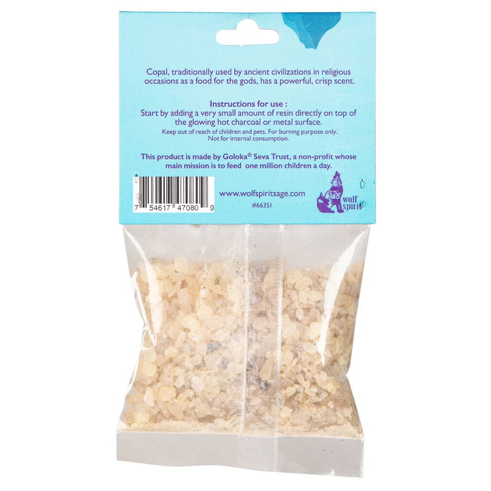 Package of copal resin with a blue label and clear front showing the product.
