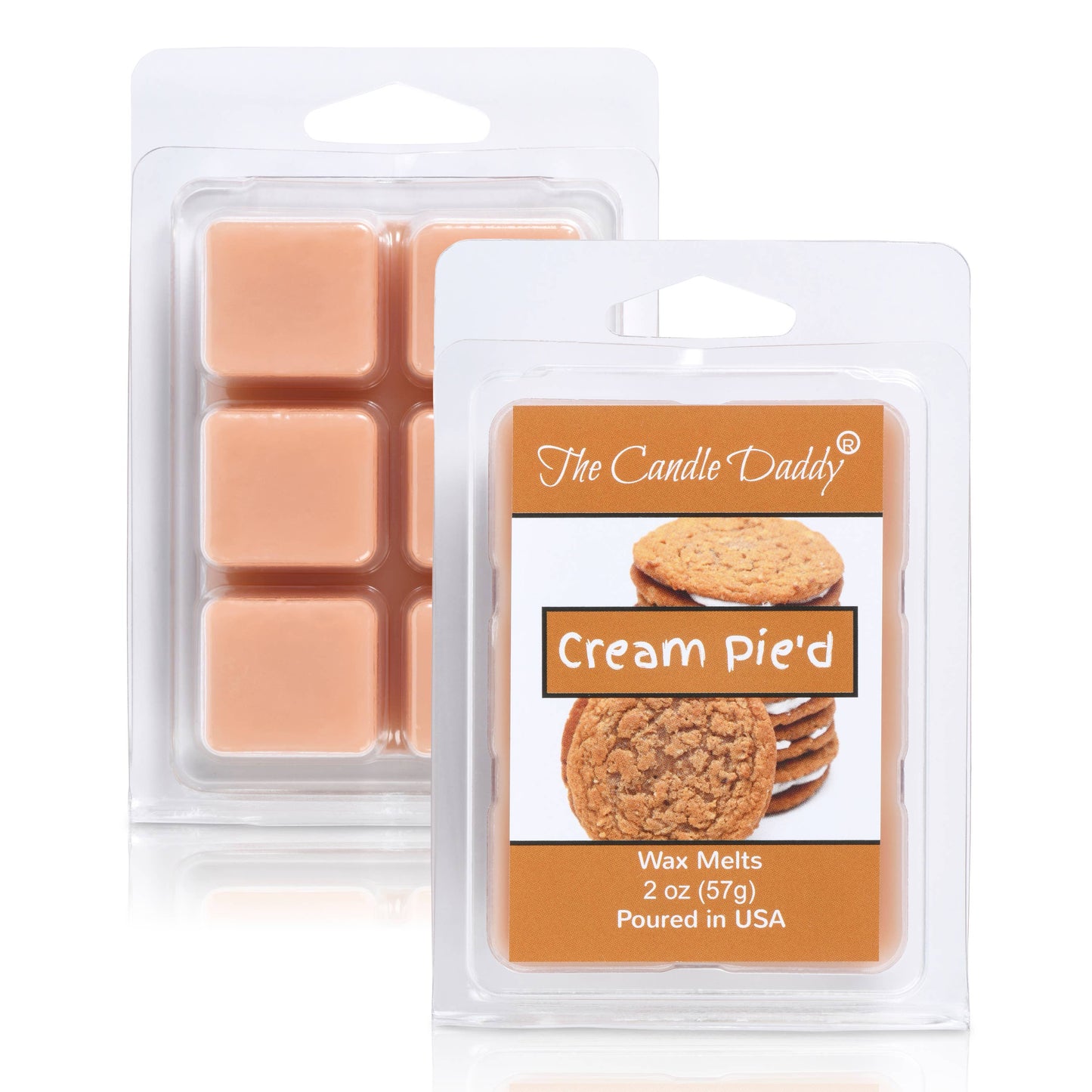 Wax melts packaging labeled 'Cream Pie'd' by The Candle Daddy on a white background