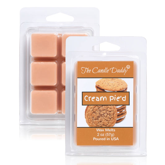 Wax melts packaging labeled 'Cream Pie'd' by The Candle Daddy on a white background
