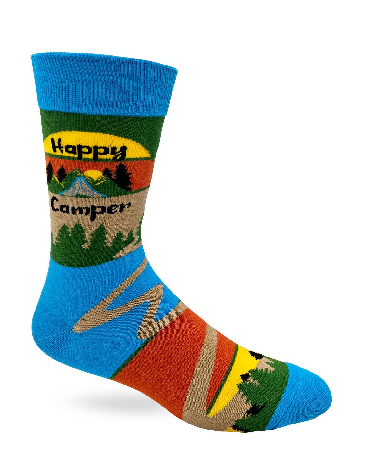 Colorful sock with 'Happy Camper' design on a white background